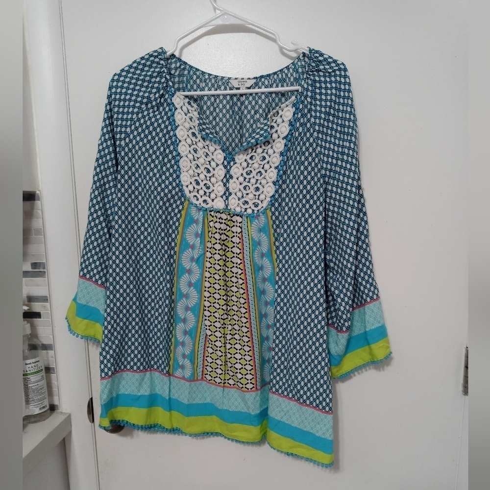 Crown & Ivy Long Sleeve Peasant Farmhouse Style Camisole Patchwork Blouse